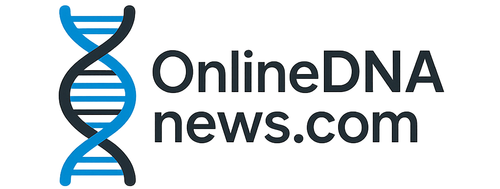 Modern logo of OnlineDNAnews.com featuring a blue DNA double-helix icon on the left and the website name in bold, clean sans-serif text on a grey background.